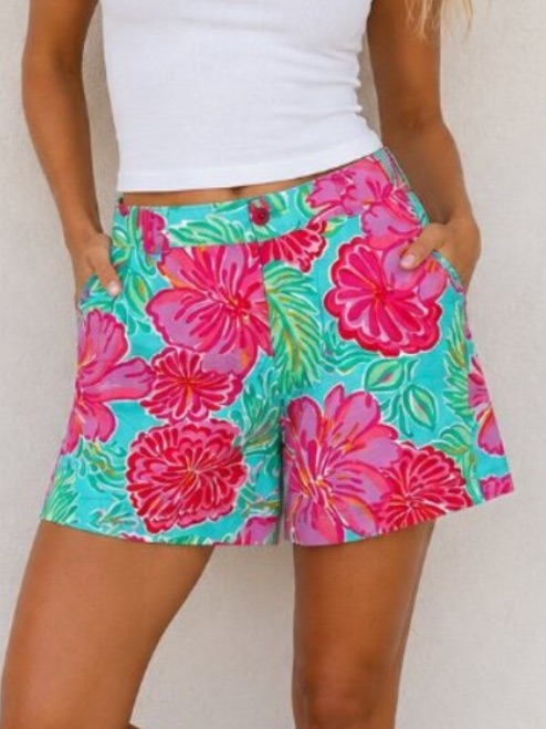 Lilly Pulitzer Pink & Aqua Floral Bermuda Cotton Shorts Size 14 39661